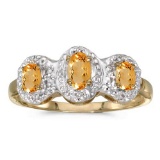 Certified 10k Yellow Gold Oval Citrine And Diamond Three Stone Ring 0.44 CTW