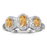 Certified 10k White Gold Oval Citrine And Diamond Three Stone Ring 0.44 CTW