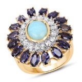 14K Yellow Gold Plated 6.48 Carat Genuine Larimar Iolite and White Topaz .925 Sterling Silver Ring