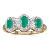 Certified 14k Yellow Gold Oval Emerald And Diamond Three Stone Ring 0.45 CTW