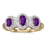 Certified 14k Yellow Gold Oval Amethyst And Diamond Three Stone Ring 0.47 CTW