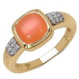 14K Yellow Gold Plated 2.10 Carat Genuine Moonstone & White Diamond .925 Streling Silver Ring