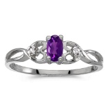 Certified 14k White Gold Oval Amethyst And Diamond Ring 0.2 CTW