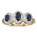 Certified 10k Yellow Gold Oval Sapphire And Diamond Three Stone Ring 0.64 CTW