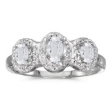 Certified 10k White Gold Oval White Topaz And Diamond Three Stone Ring 0.68 CTW