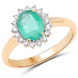 1.43 Carat Genuine Zambian Emerald and White Diamond 14K Yellow Gold Ring