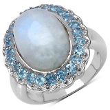 11.90 ct. t.w. White Rainbow Moonstone and Swiss Blue Topaz Ring in Sterling Silver