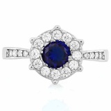 1 CARAT CREATED BLUE SAPPHIRE & 1/4 CARAT (24 PCS) FLAWLESS CREATED DIAMOND 925 STERLING SILVER HALO