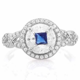 CREATED BLUE SAPPHIRE 925 STERLING SILVER HALO RING