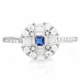 CREATED BLUE SAPPHIRE 925 STERLING SILVER HALO RING