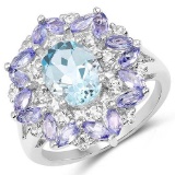 3.82 Carat Genuine Blue Topaz Tanzanite and White Topaz .925 Sterling Silver Ring