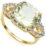 4.12 CARAT TW (62 PCS) GREEN AMETHYST & GENUINE DIAMOND 10K SOLID YELLOW GOLD RING