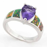 2 1/4 CARAT CREATED AMETHYST & 1 1/5 CARAT CREATED FIRE OPAL 925 STERLING SILVER RING