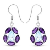 9.10 Carat Genuine Blue Topaz and Amethyst .925 Sterling Silver Earrings