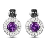 2.29 Carat Genuine Amethyst, Black Diamond and White Diamond .925 Sterling Silver Earrings