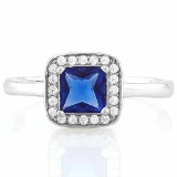 1 1/2 CARAT CREATED BLUE SAPPHIRE & 1/5 CARAT (20 PCS) FLAWLESS CREATED DIAMOND 925 STERLING SILVER