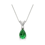 Pear Emerald and Diamond Solitaire Pendant Necklace 14k White Gold