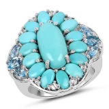 8.11 Carat Genuine Turquoise, Swiss Blue Topaz and White Topaz .925 Sterling Silver Ring