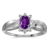 Certified 10k White Gold Oval Amethyst And Diamond Ring 0.35 CTW