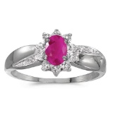 Certified 10k White Gold Oval Ruby And Diamond Ring 0.37 CTW