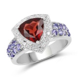 2.58 Carat Genuine Garnet, Tanzanite and White Topaz .925 Sterling Silver Ring