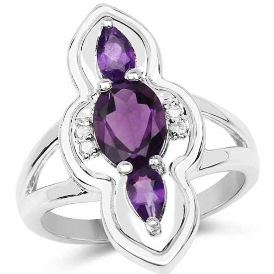 1.58 Carat Genuine Amethyst and White Diamond .925 Sterling Silver Ring