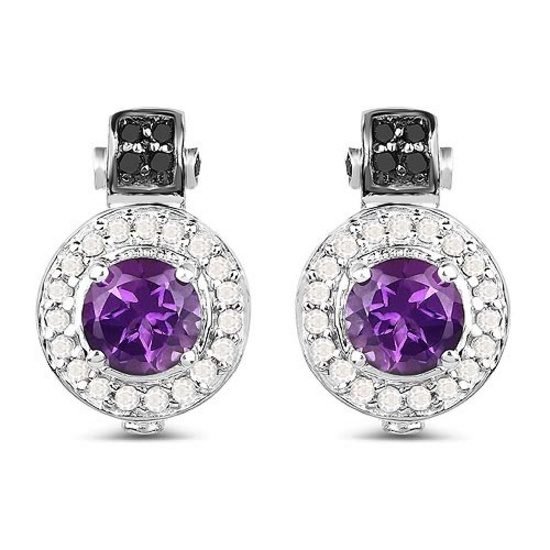 2.29 Carat Genuine Amethyst, Black Diamond and White Diamond .925 Sterling Silver Earrings