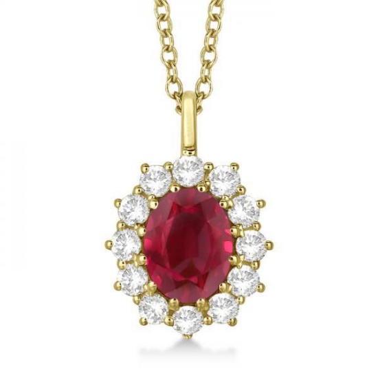 Oval Ruby and Diamond Pendant Necklace 14k Yellow Gold (3.60ctw)