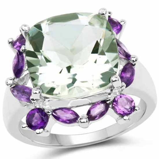 6.46 Carat Genuine Green Amethyst and Amethyst .925 Sterling Silver Ring