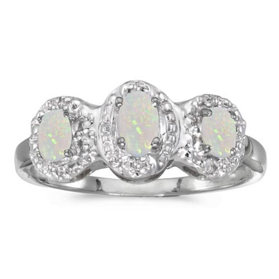 Certified 14k White Gold Oval Opal And Diamond Three Stone Ring 0.33 CTW