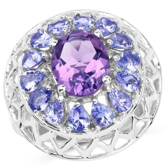 4.11 Carat Genuine Amethyst and Tanzanite .925 Sterling Silver Ring