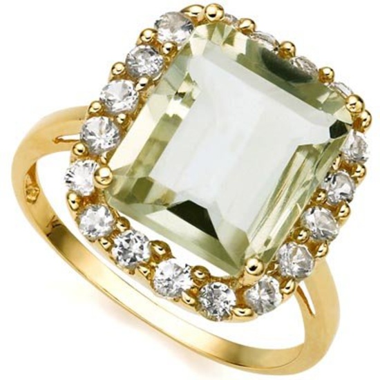 5.84 CARAT TW (19 PCS) GREEN AMETHYST & WHITE TOPAZ 10K SOLID YELLOW GOLD RING