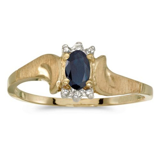 Certified 14k Yellow Gold Oval Sapphire And Diamond Satin Finish Ring 0.26 CTW