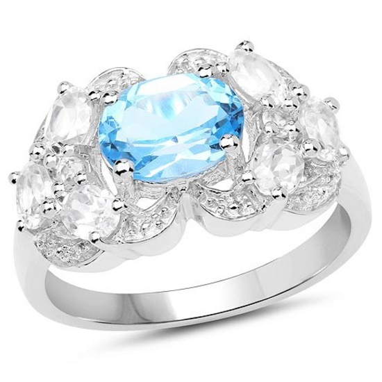 3.20 Carat Genuine Blue Topaz and White Zircon .925 Sterling Silver Ring