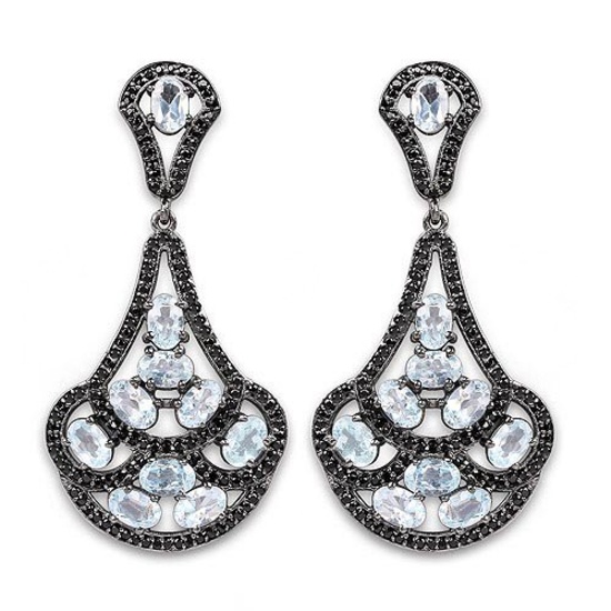 12.19 Carat Genuine Blue Topaz and Black Spinel .925 Sterling Silver Earrings