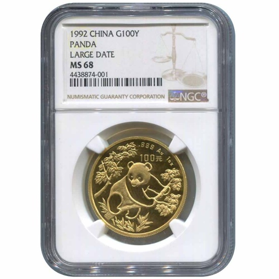 Certified One Ounce Chinese Gold Panda 1992 Large Date MS68 NGC