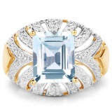 14K Yellow Gold Plated 3.00 Carat Genuine Aquamarine .925 Sterling Silver Ring