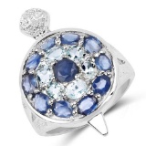 3.40 Carat Genuine Aquamarine and Blue Sapphire .925 Sterling Silver Ring