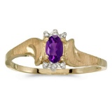 Certified 14k Yellow Gold Oval Amethyst And Diamond Satin Finish Ring 0.19 CTW