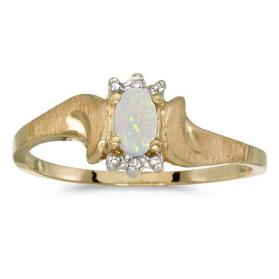 Certified 10k Yellow Gold Oval Opal And Diamond Satin Finish Ring 0.09 CTW