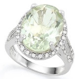 8 3/5 CARAT GREEN AMETHYST & 2/5 CARAT (40 PCS) CREATED WHITE SAPPHIRE 925 STERLING SILVER RING