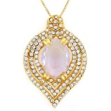 CREATED PINK AMETHYST & FLAWLESS CREATED DIAMOND 18K GOLD PLATED GERMAN SILVER PENDANT