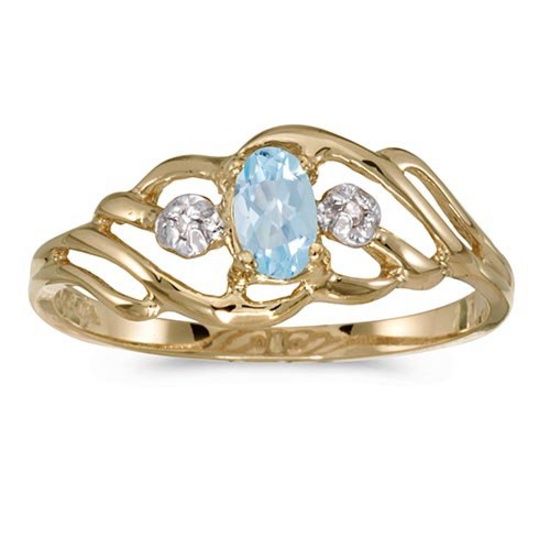 Certified 10k Yellow Gold Oval Aquamarine And Diamond Ring 0.15 CTW