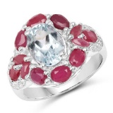 3.54 Carat Genuine Aquamarine Ruby and White Topaz .925 Sterling Silver Ring