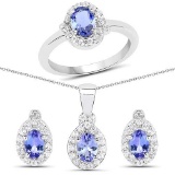 3.72 Carat Genuine Tanzanite and White Topaz .925 Sterling Silver Ring Pendant and Earrings Set