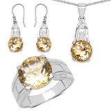 11.36 Carat Genuine Citrine .925 Sterling Silver Ring Pendant and Earrings Set
