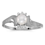 Certified 10k White Gold Pearl And Diamond Satin Finish Ring 0.01 CTW