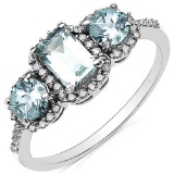 1.28 Carat Genuine Aquamarine & White Diamond 10K White Gold Ring
