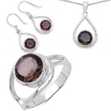 9.70 Carat Genuine Smoky Quartz .925 Sterling Silver Ring Pendant and Earrings Set