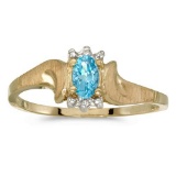Certified 10k Yellow Gold Oval Blue Topaz And Diamond Satin Finish Ring 0.2 CTW